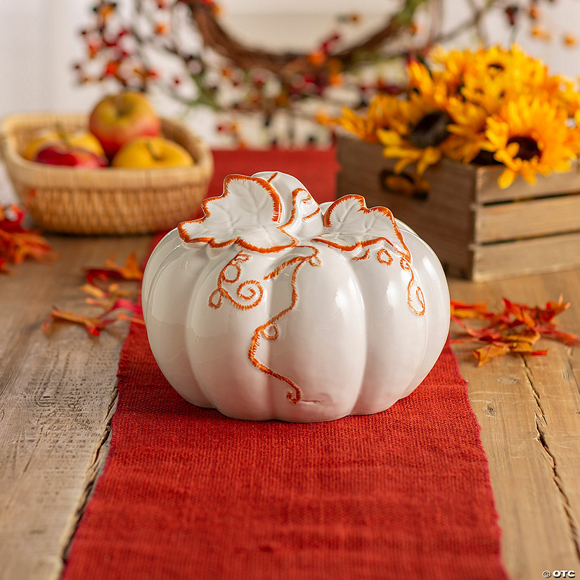 10" White Ceramic Pumpkin with Molded Leaves & Vines | Oriental Trading Company
