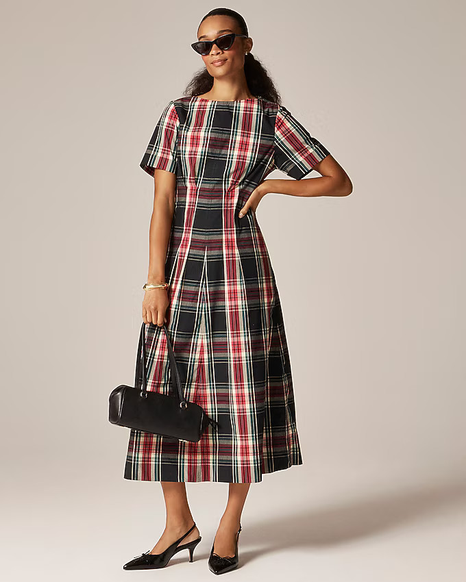 Short-sleeve midi dress in tartan cotton blend | J. Crew US