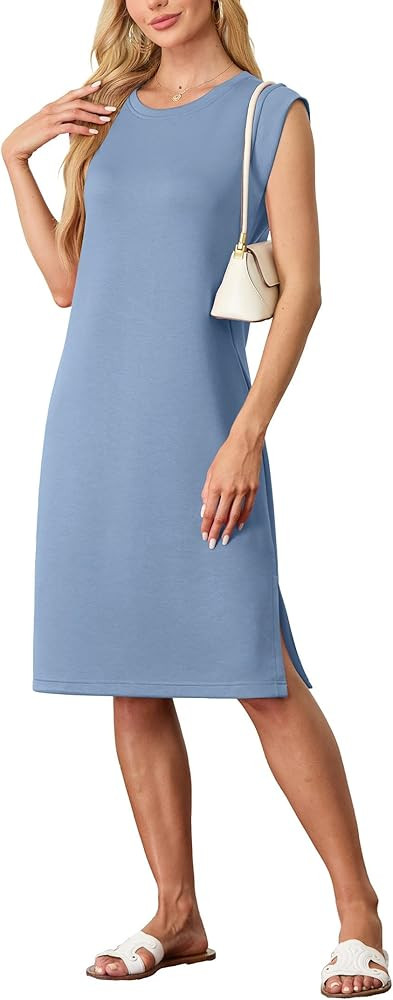 GRECERELLE 2026 Women Summer Round Neck Casual Loose Split Wrinkle-Free Midi Dress with Pockets (... | Amazon (US)