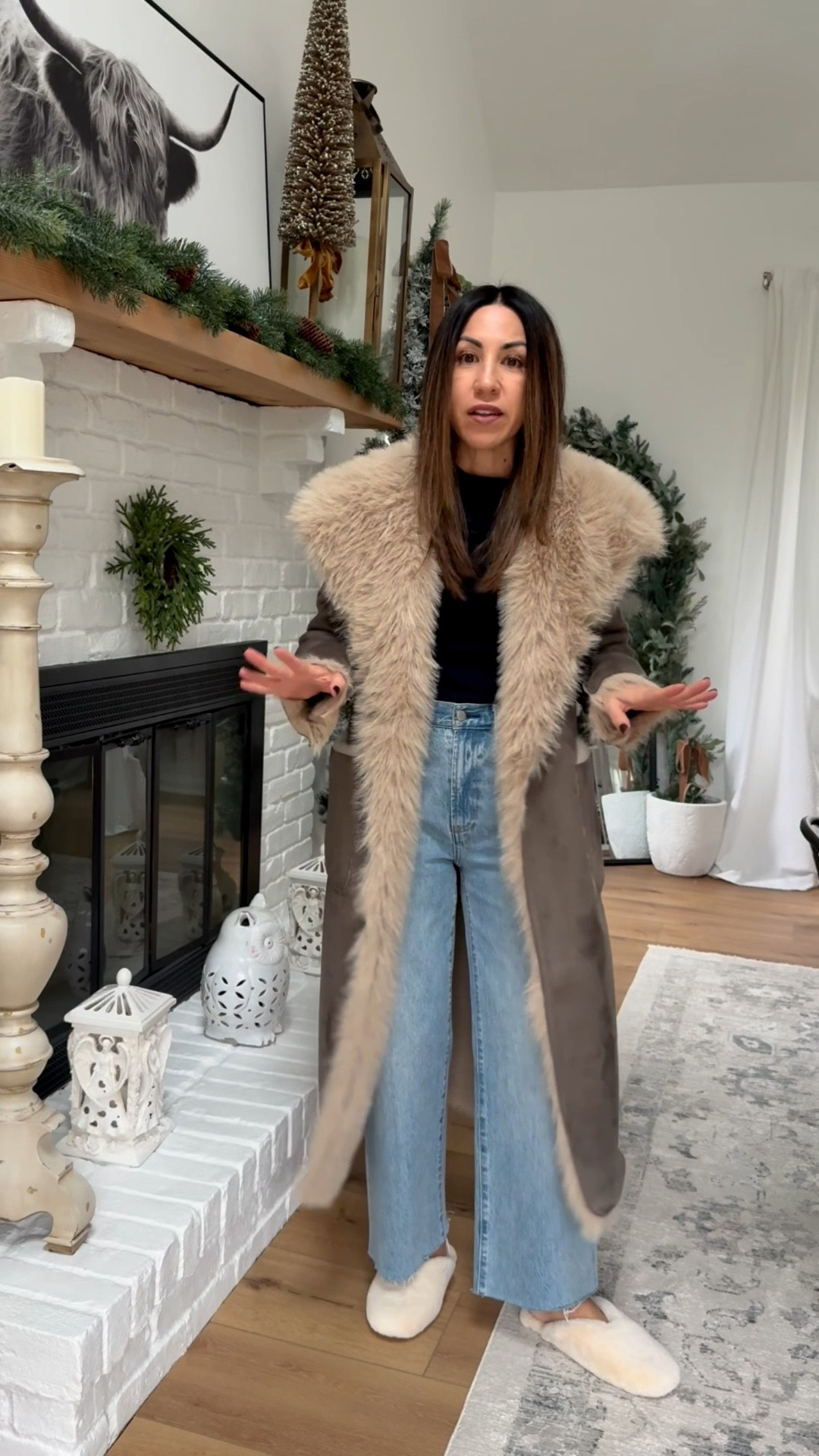 Suede coat Xs. Black turtleneck small, 25 jeans. I cut them. Winter coat, faux fur coat. Statement coat. Reversible coat.

#LTKOver40 #LTKGiftGuide