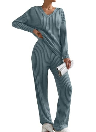 SHEWIN womens pajamas 2 Piece Ribbed Knit womens loungewear matching sets women clothing 2024 sweater set Dusk Blue XXL | Amazon (US)