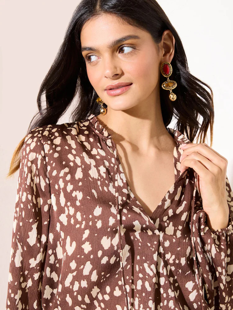 Friends Like These Brown Animal Print Long Sleeve Chiffon Tie Neck Blouse | Next US
