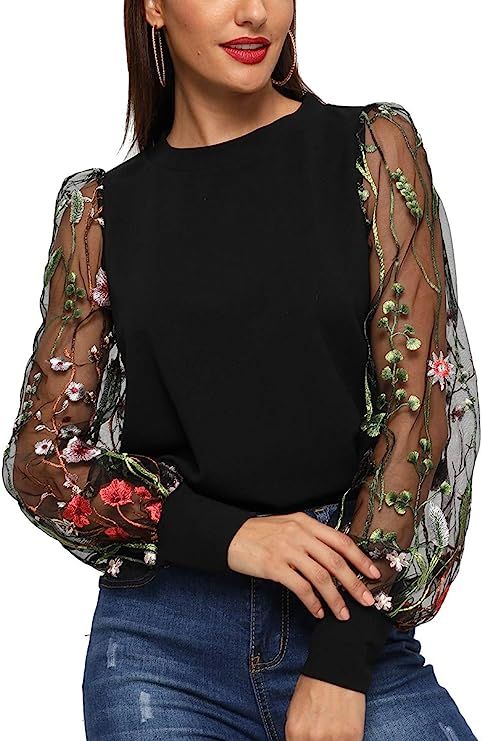 Romwe Women's Embroidered Floral Mesh Bishop Sleeve Loose Casual Blouse Top | Amazon (US)
