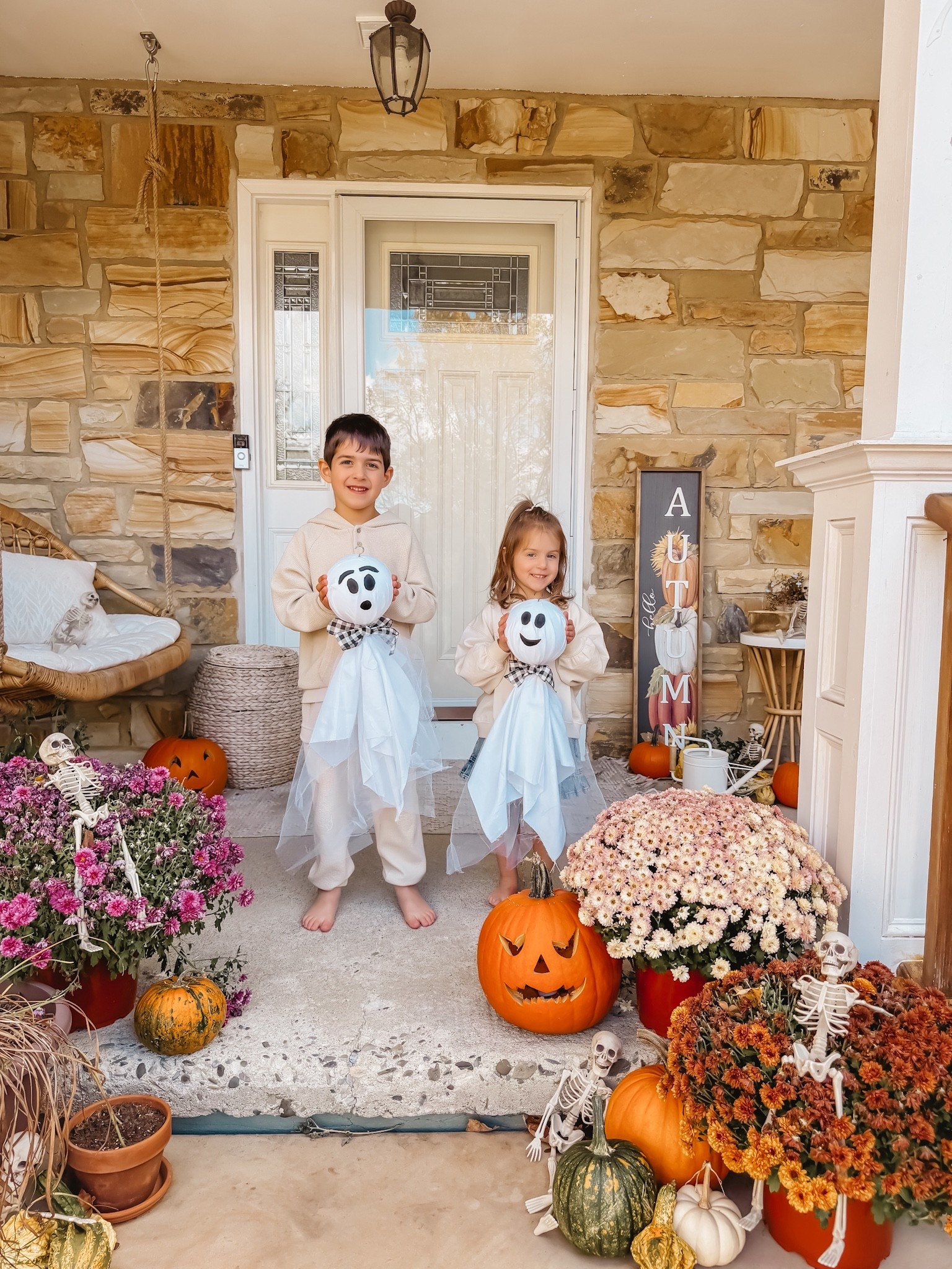 Made these adorable DIY ghosts to hang on our front porch for Halloween 👻 super simple & kid friendly craft!

Steps below ⬇️  Linked everything I used except an old white sheet I already had. 

🍁How to do it:
1. Cut out a square from the white sheet
2. Cut a square out of the tulle slightly bigger (these squares don’t have to be perfect so it’s great cutting practice for kids)
3. Wrap the two squares over the styrofoam ball “head” with the tulle on the outside
4. Tie with ribbon at “neck” (I used some twine first then tied the ribbon over top to make sure it was tight)
5. Cut out felt pieces for the eyes, mouth etc & hot glue them on

#LTKFamily #LTKSeasonal #LTKHalloween