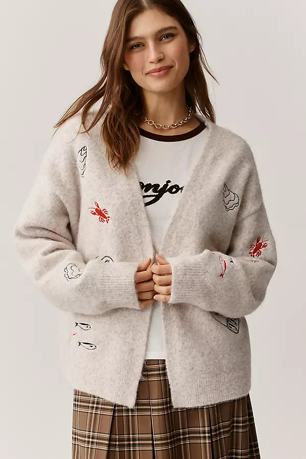 Flat White Girl Dinner Embroidered Cardigan Sweater | Anthropologie (US)