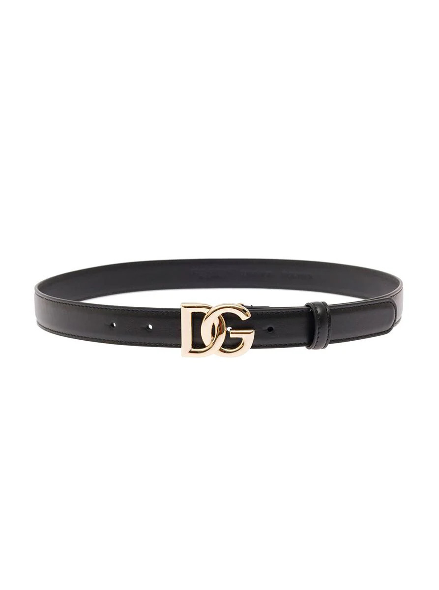 Black Thin Belt With Golden Dg Buckle In Leather Woman Dolce & Gabbana | Baltini