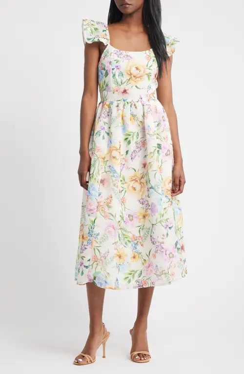 Lipsy Floral Print Flutter Sleeve Midi Dress in White at Nordstrom, Size 2 Us | Nordstrom