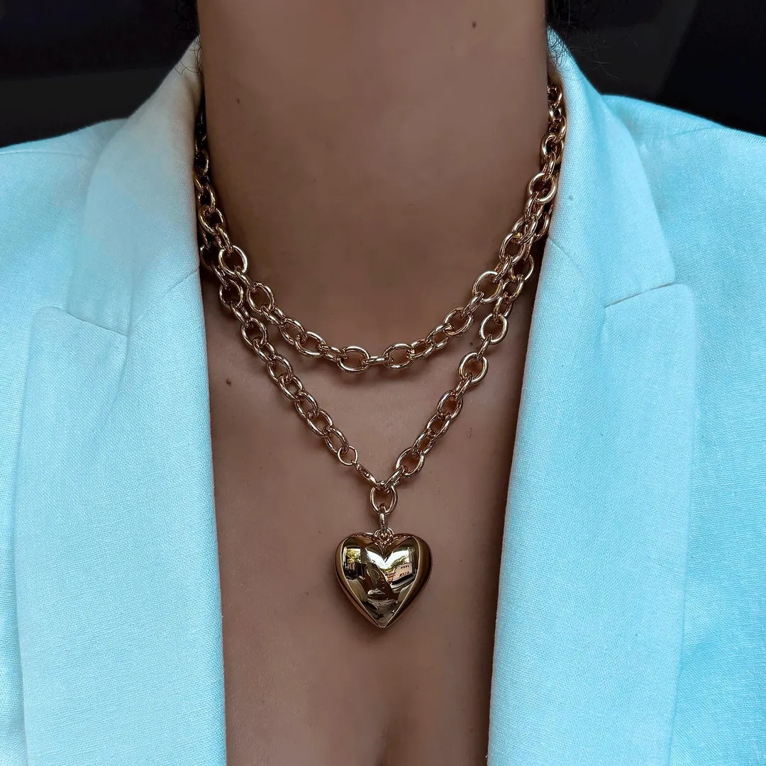 34 Long Puffed Heart Necklace Double Wrap Puffy Heart Charm Necklace Heart Bracelet Long Gold Pen... | Etsy (US)