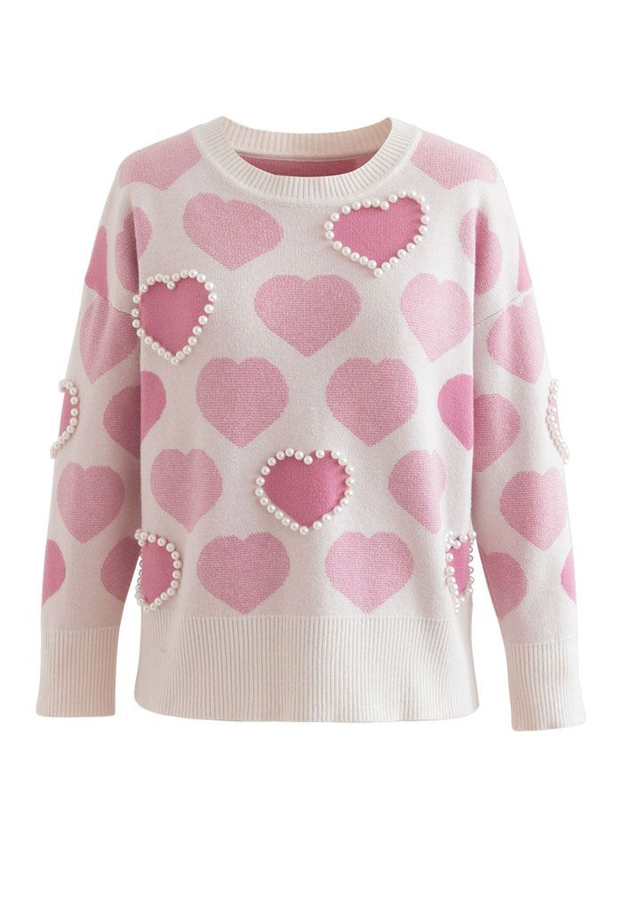 Pinky Heart Pearly Knit Sweater and Joggers Set | Chicwish