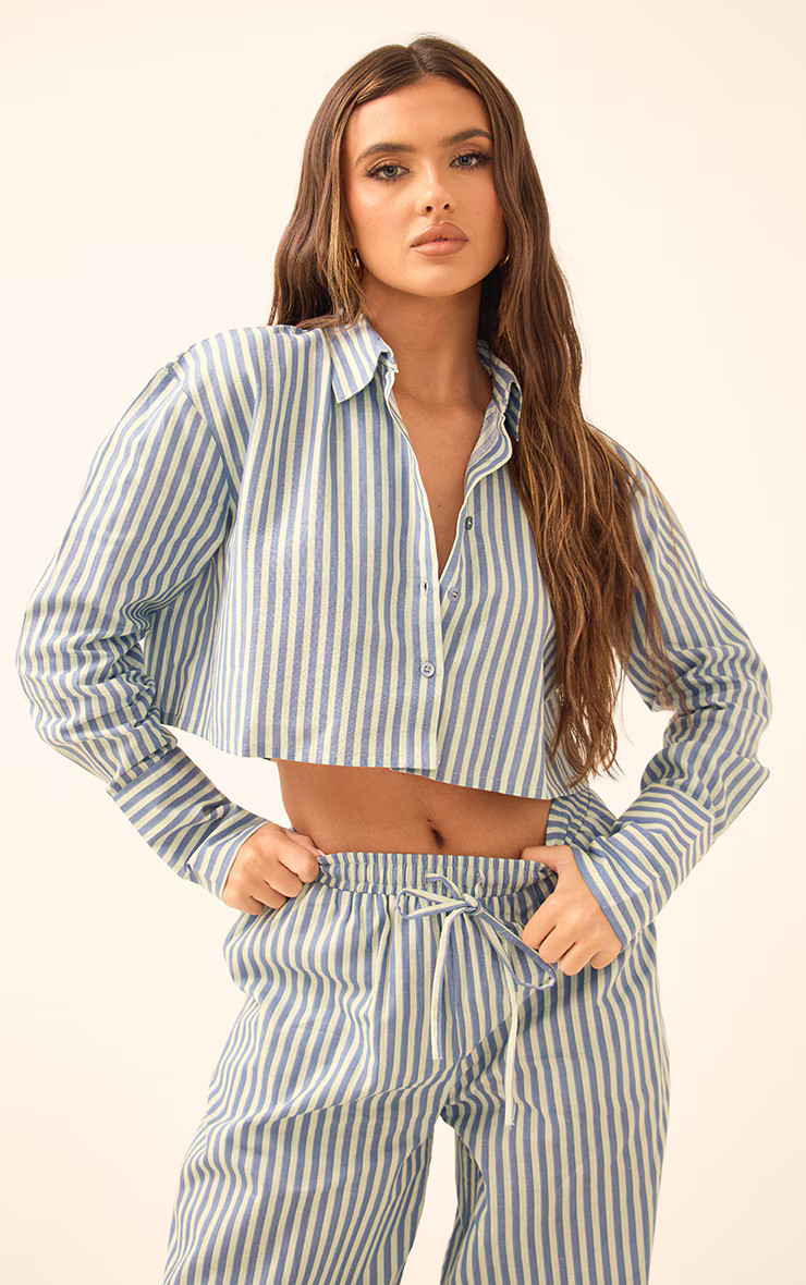 Blue Pinstripe Woven Cropped Shirt | PrettyLittleThing UK