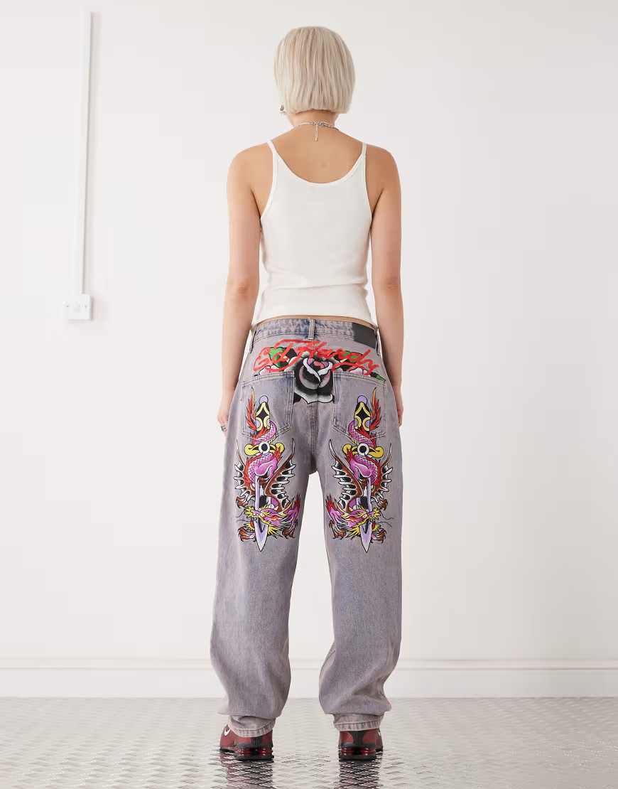 Ed Hardy dragon and sword relaxed denim trousers jeans in purple | ASOS (Global)