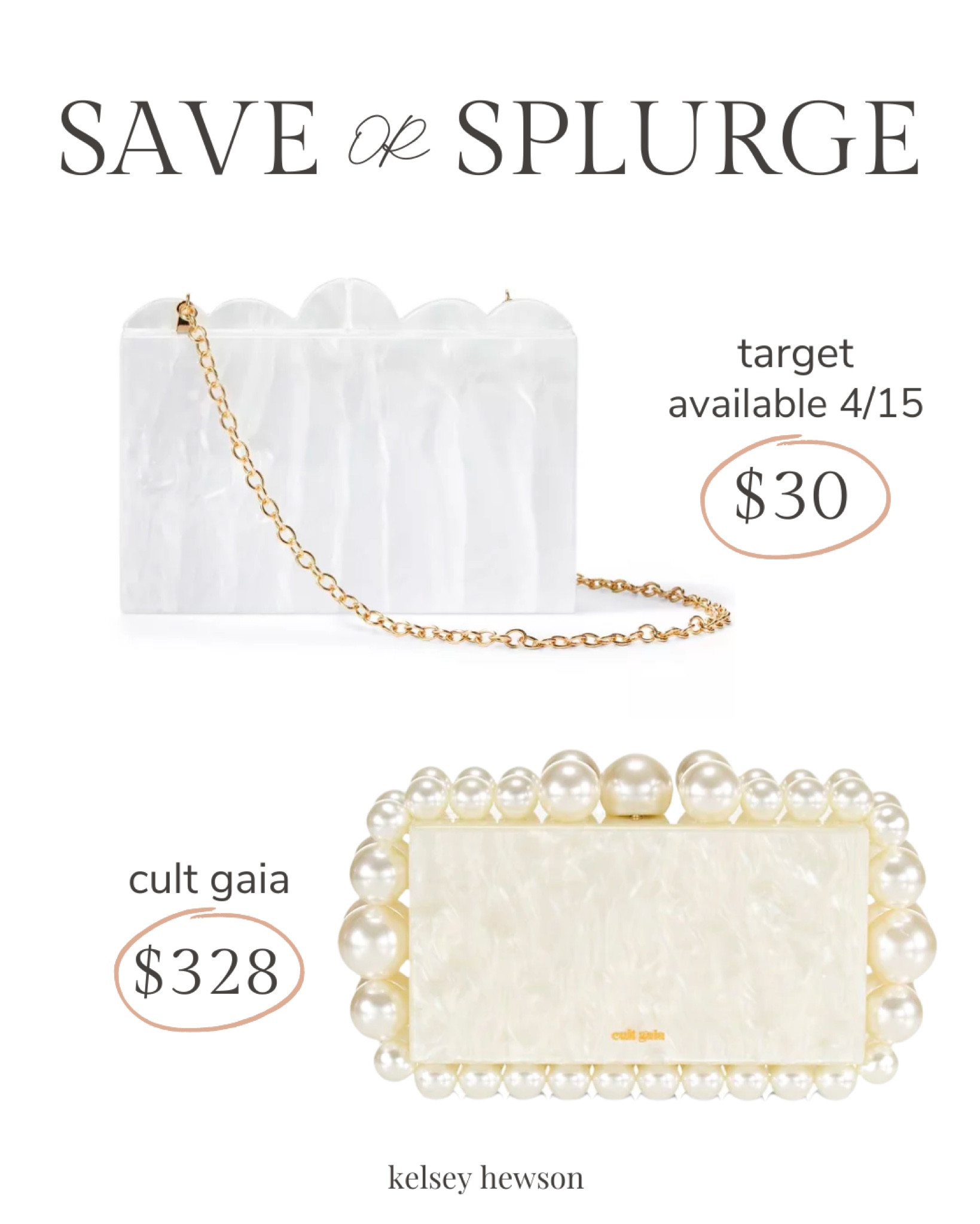 trendy purse at two price points🤍 target designer spring collection 

vacation purse, evening clutch, clutch purse, wedding clutch, wedding purse, acrylic clutch, acrylic purse, spring purse, special event purse, date night, vacation, special occasion, special dress, save or splurge, target find, cult gaia 

#LTKitbag #LTKFind #LTKunder50