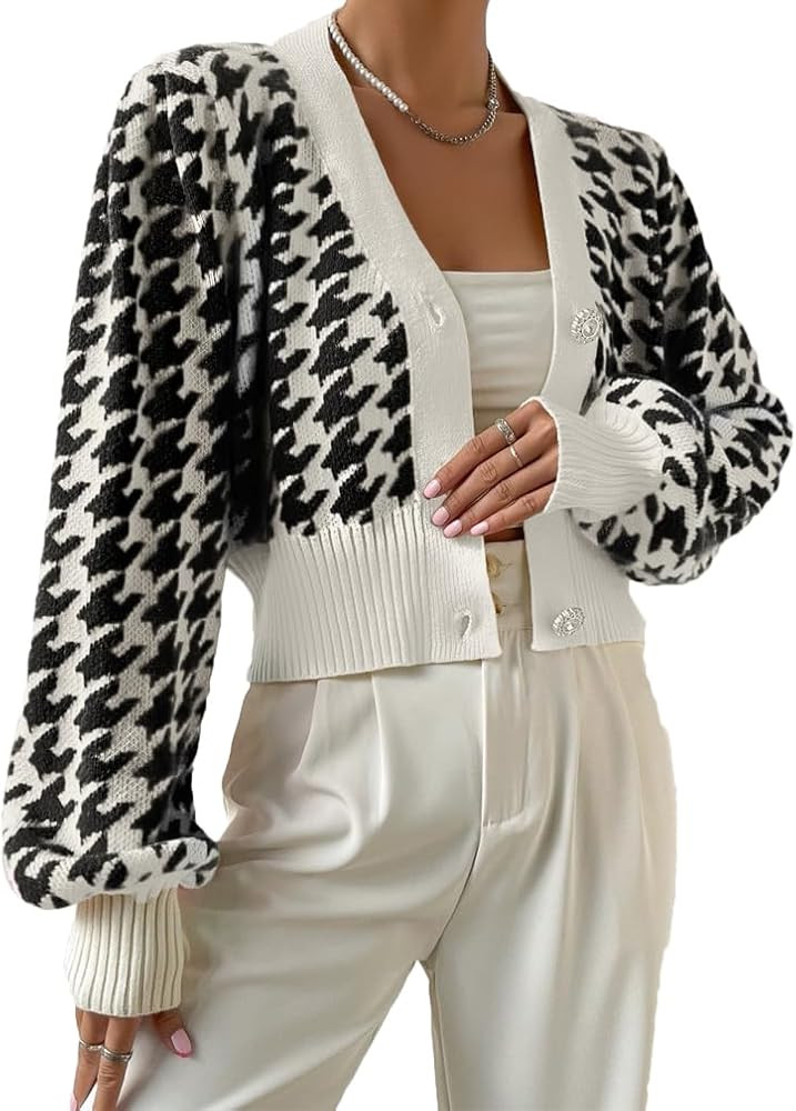 Women Houndstooth Print Button Down Crop Sweater Cardigan Lantern Sleeve V Neck Drop Shoulder Cas... | Amazon (US)