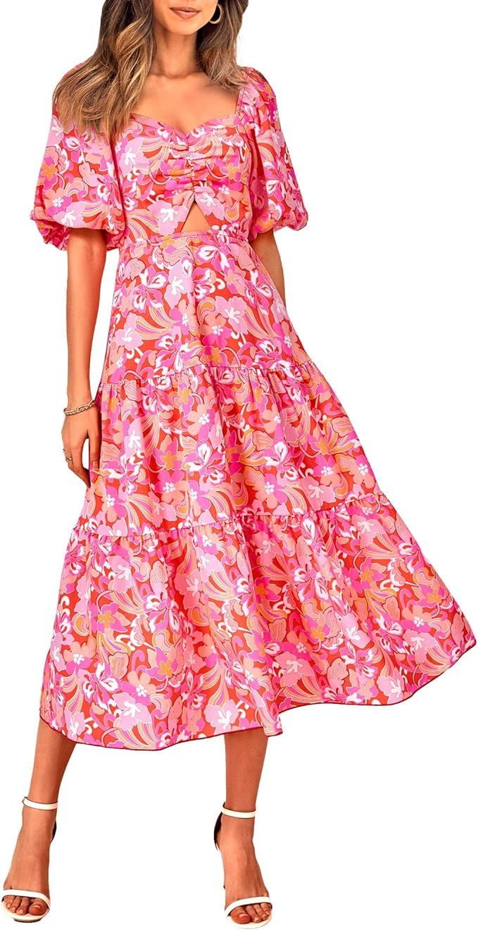 BTFBM Women Summer Dresses 2023 Casual Flowy Beach Square Neck Puff Short Sleeve Smocked Back Boh... | Amazon (US)