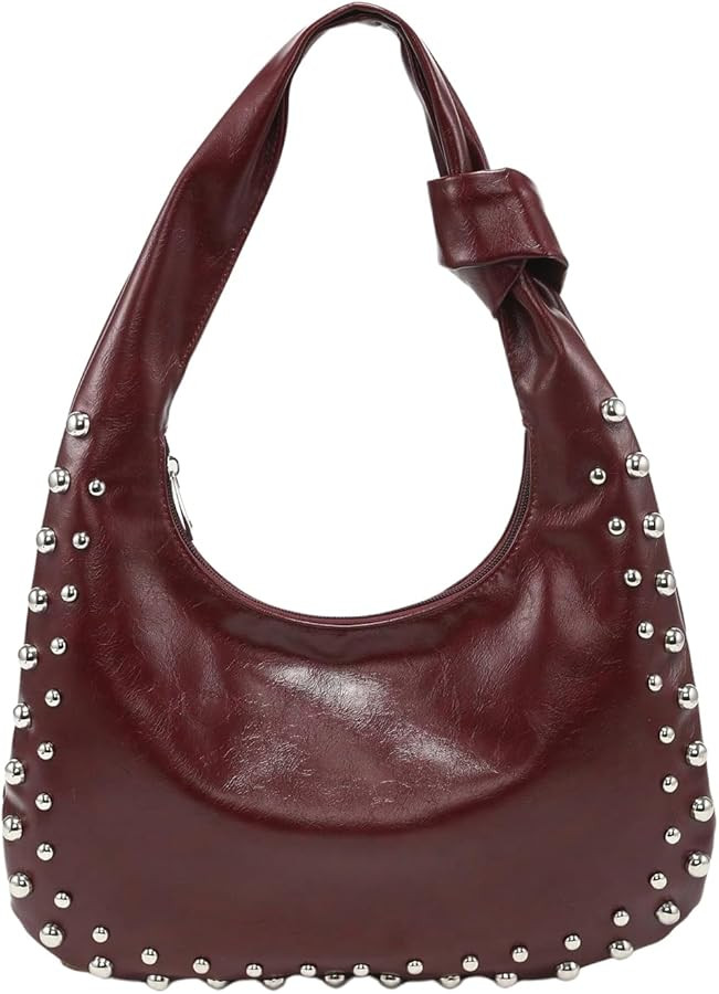 QWINEE Women's Studded Hobo Purses PU Leather Designer Shoulder Handbags Zipper Knot Bag | Amazon (US)