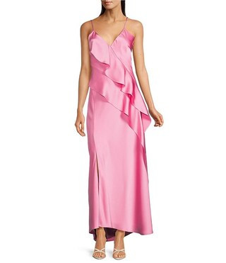 Quinn Ruffle Draped V-Neck Sleeveless Satin Dress | Dillard's