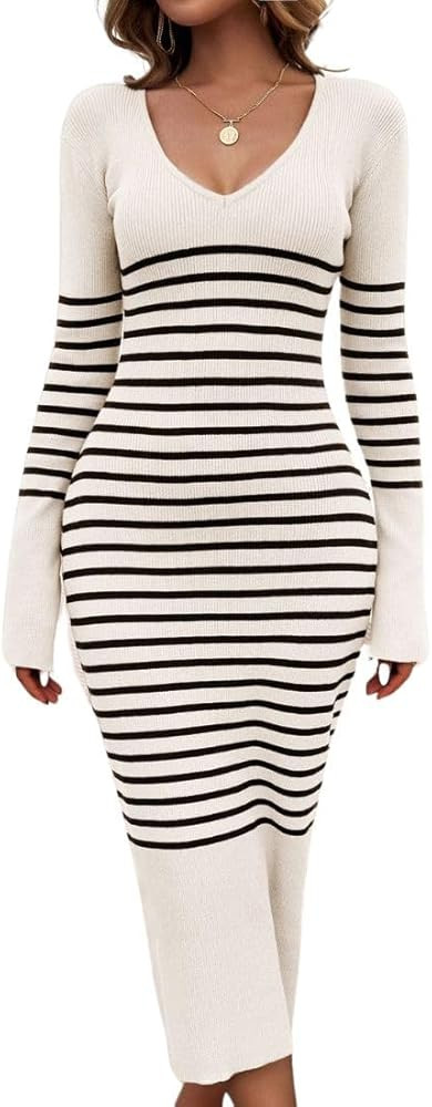 Women's Striped Sweater Dress Long Sleeve V Neck Slim Ribbed Knit Pullover Jumper Party Club Body... | Amazon (US)