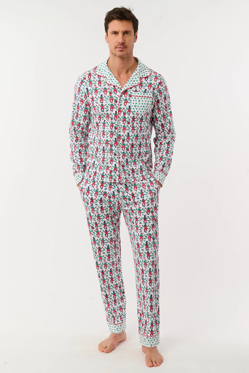 Mens Monkey Mas Patchwork Long Sleeve Polo Pajamas | Roller Rabbit