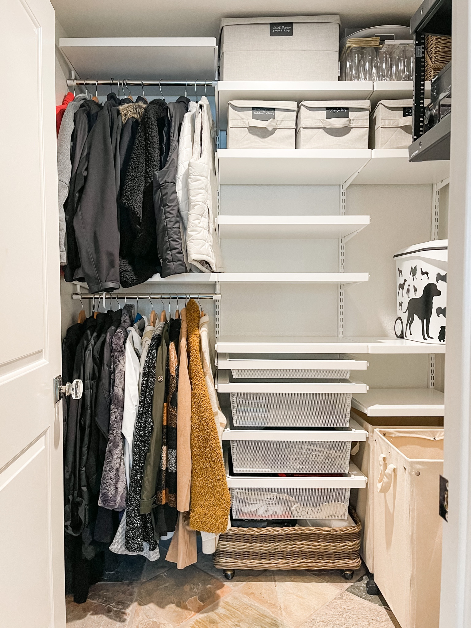 We transformed this closet near a laundry room from cluttered to totally functional. It previously had a single rod and shelf but now there’s spindle hang, shelves and drawers. And you can see the floor!

#LTKfamily #LTKhome