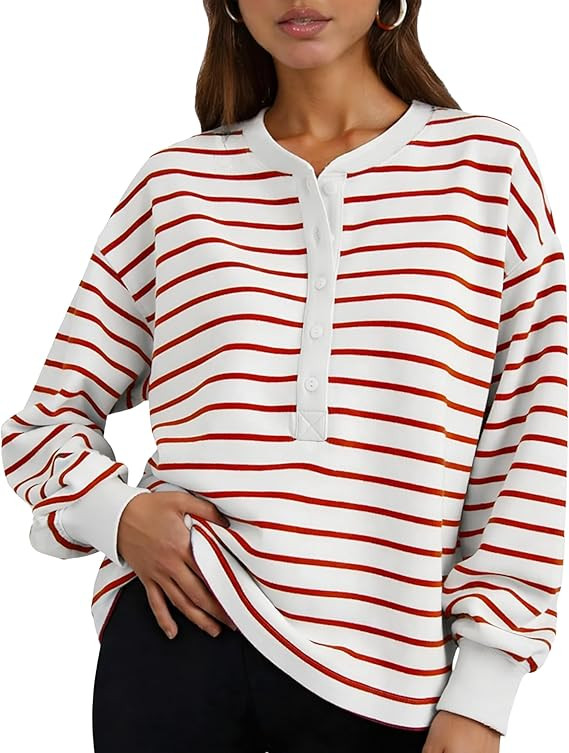 Womens Striped Sweatshirt Oversized Half Button Down Tops Crewneck Pullover Casual Long Sleeve Sh... | Amazon (US)