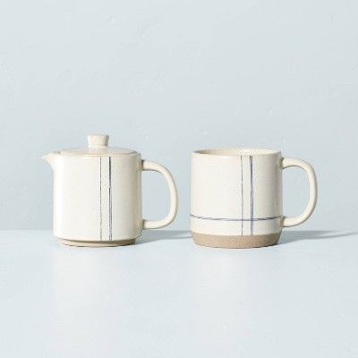 Engineered Stripe Stoneware Coffee Pot & Mug Set Blue/Sour Cream - Hearth & Hand™ with Magnolia | Target