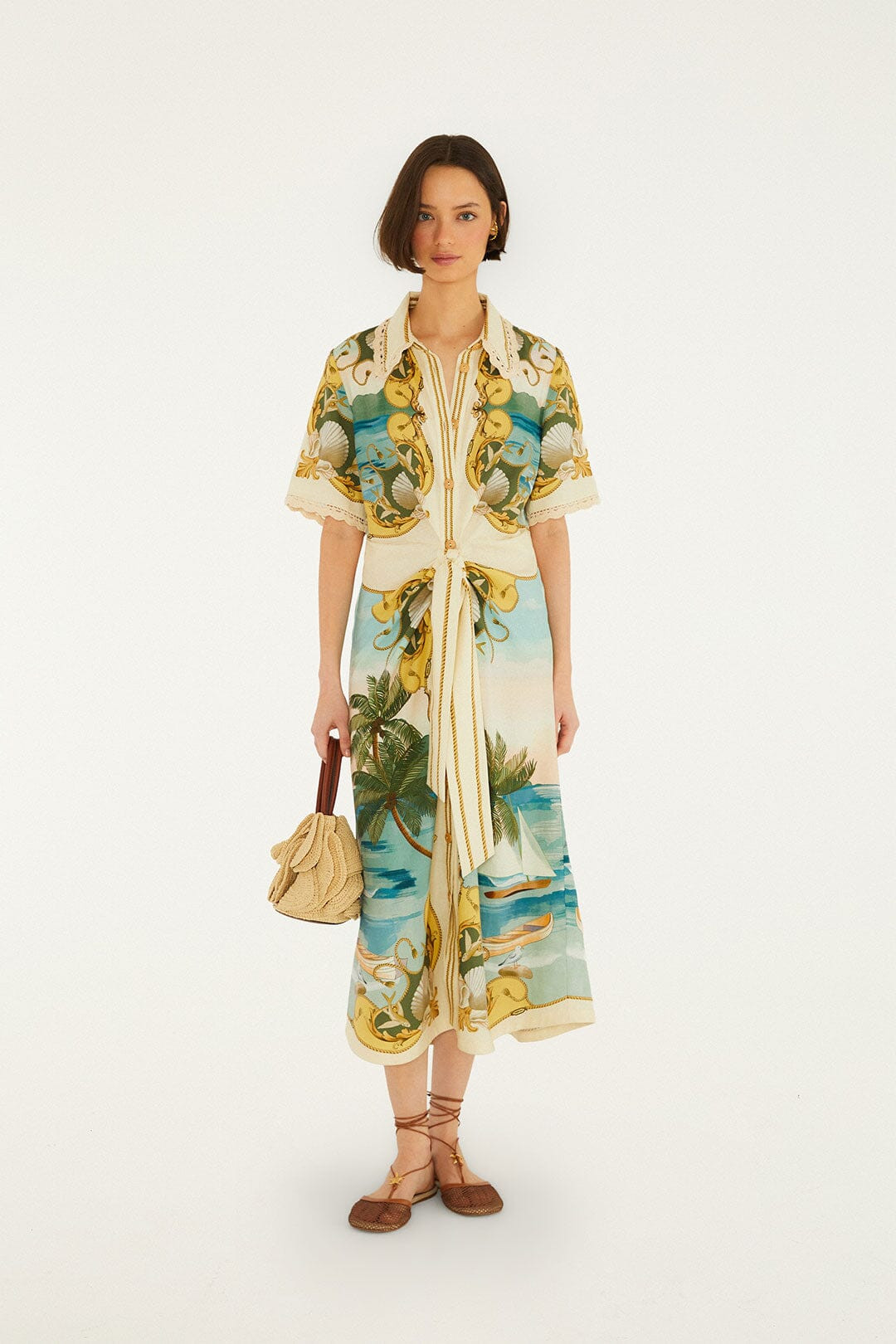 Off-White Royal Sea Collared Lenzing Ecovero Euroflax Midi Dress | FARM Rio | FarmRio (US)