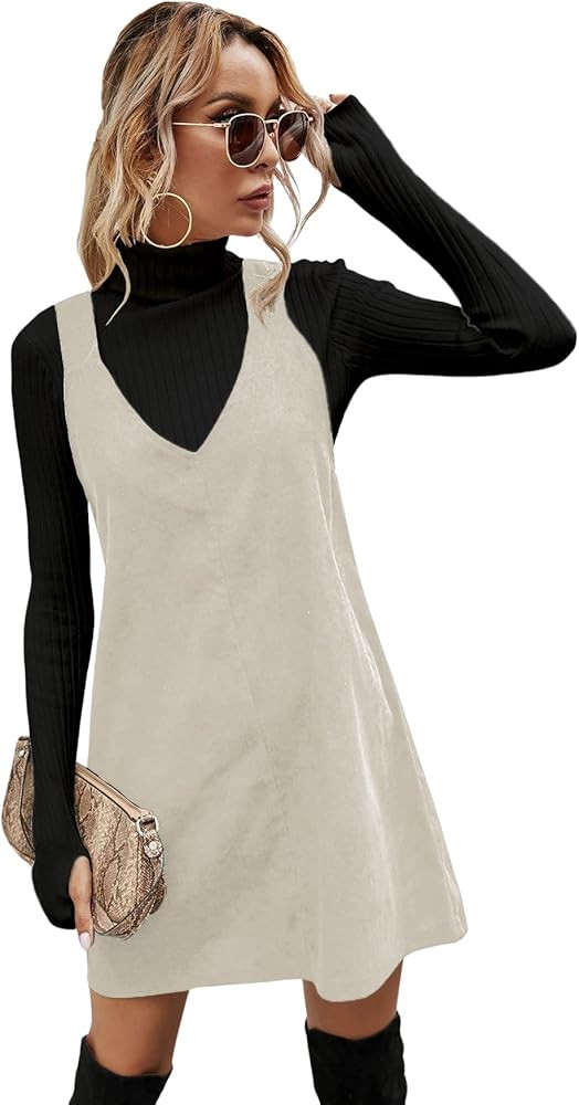 Floerns Women's Casual V Neck A Line Corduroy Pinafore Overall Dress | Amazon (US)