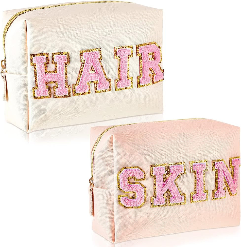 2 Pcs Preppy Patch Makeup Bag Chenille Letter Cosmetic Bag PU Leather Waterproof Toiletry Bag Por... | Amazon (US)