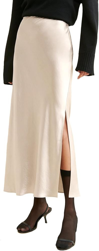 Womens Satin Silk Maxi Slit Skirt Elastic Waistband Maxi Long Satin Slit Skirts for Women | Amazon (US)