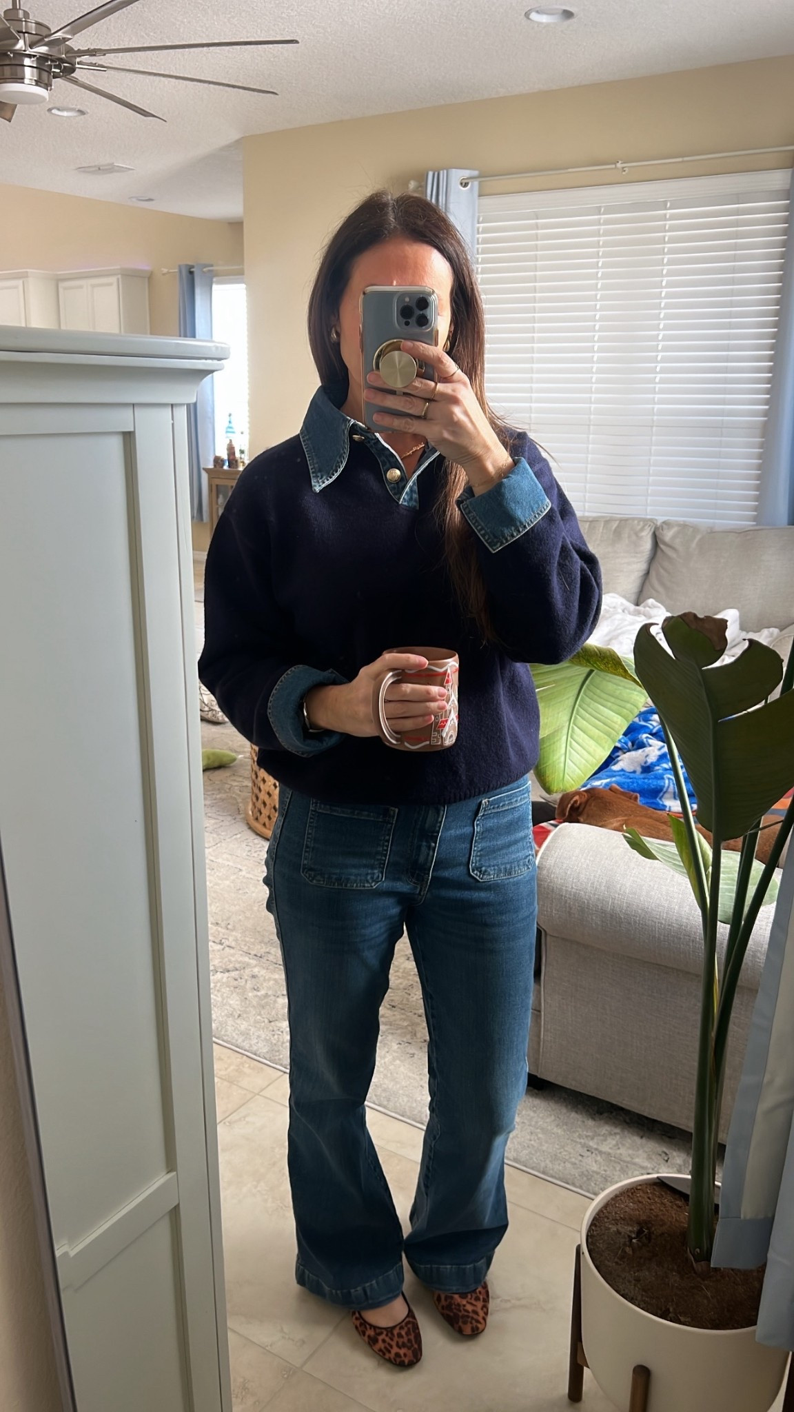 Sweater with denim collar & sleeves, flare jeans leopard flats 

#LTKootd #LTKgrwm #LTKOver40