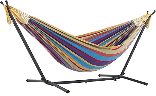 Vivere Double Cotton Hammock with Space Saving Steel Stand, Tropical (450 lb Capacity - Premium C... | Amazon (US)