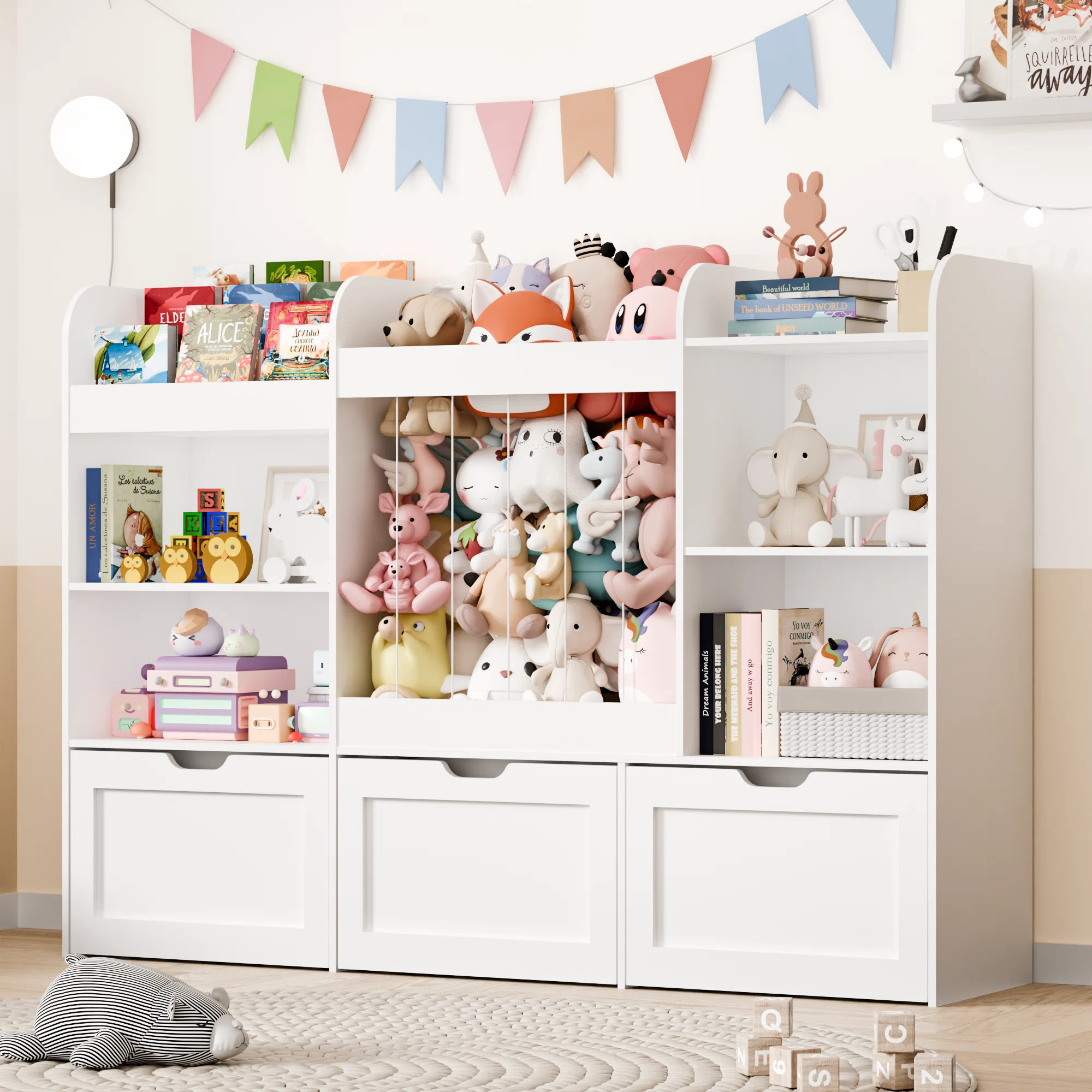 41.3''H Toys Storage Organizer with Kids Bookcases, Stuffed Animal Storage, 3 Movable Drawers, 4 ... | Wayfair North America