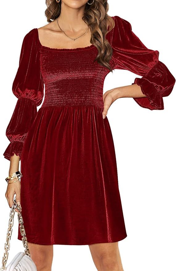 IVIR Womens Velvet Square Neck Dress Long Puff Sleeve A-Line Casual Short Mini Dresses | Amazon (US)