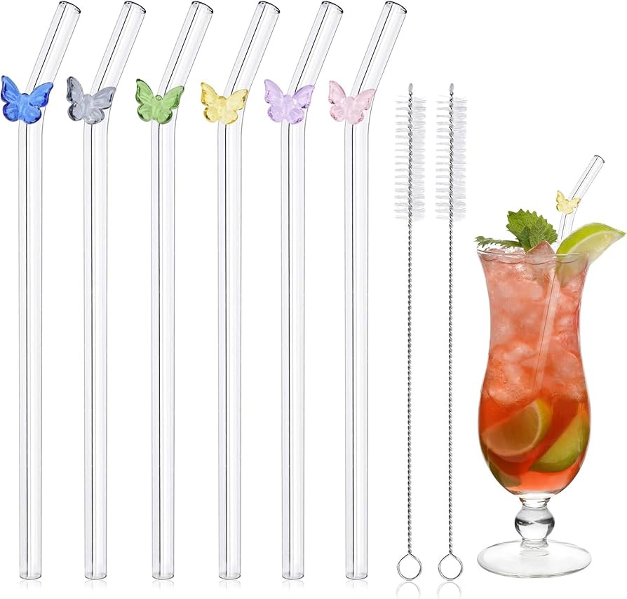 Cute Glass Straws Shatter Resistant, 6 Pcs Reusable Straws Colorful Butterfly Clear Short Glass S... | Amazon (US)