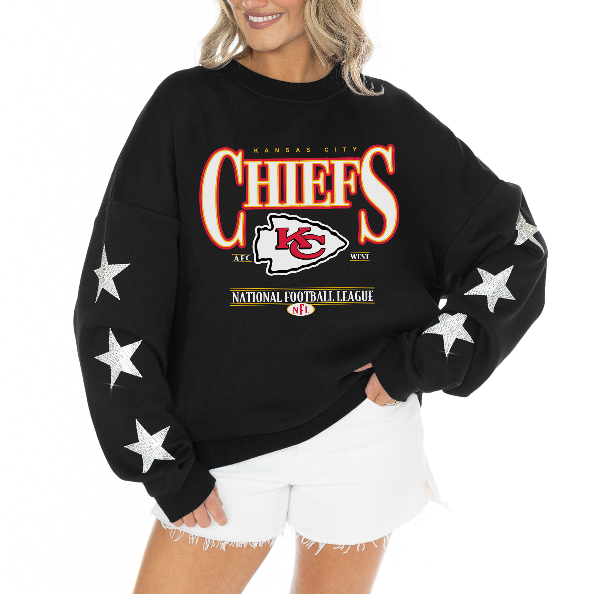 Women's Gameday Couture Black Kansas City Chiefs Rhinestone Star Sleeve Settle the Score Tri-Blend Pullover | Fanatics