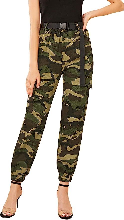 WDIRARA Women's Camoflage High Waisted Slim Fit Jogger Pants with Belt | Amazon (US)