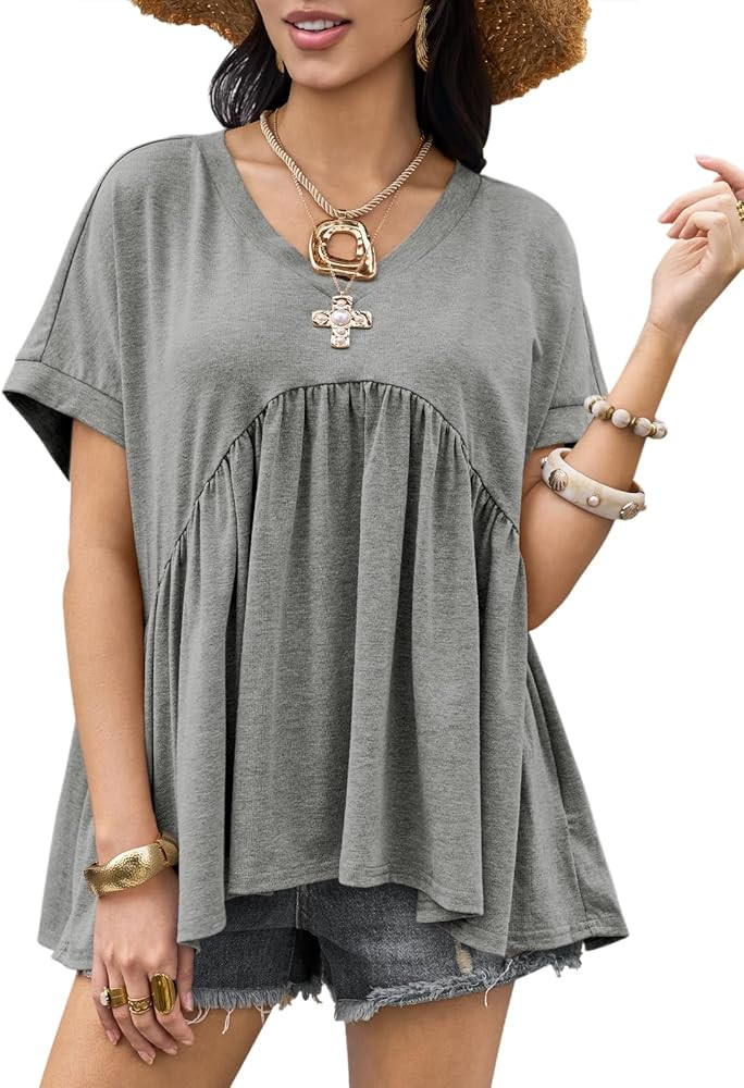 Cicy Bell Womens Summer Peplum Tops Oversized Babydoll Short Sleeve V Neck T Shirts Casual Loose ... | Amazon (US)