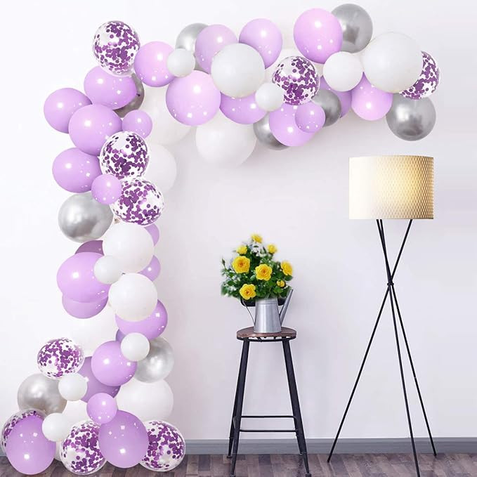 Pastel Purple Balloon Arch Kit, 100pcs White Silver Confetti Helium Latex Balloons Garland with 1... | Amazon (US)