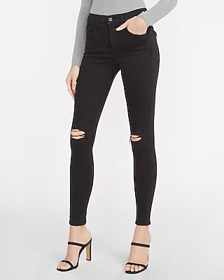 Mid Rise Denim Perfect Black Ripped Skinny Jeans, Women's Size:6 Short | Express