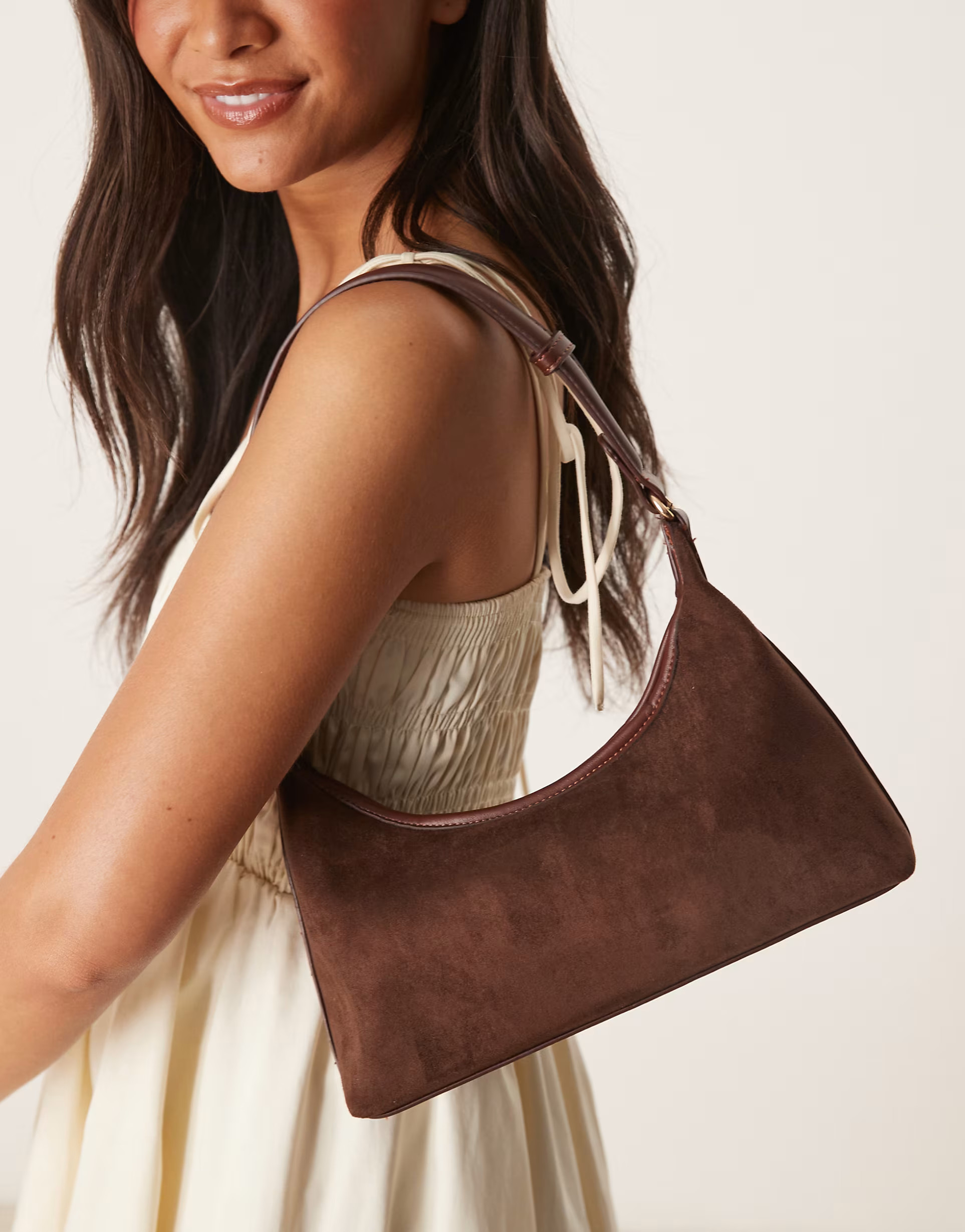 ASOS DESIGN faux suede 90s shoulder bag in chocolate | ASOS (Global)