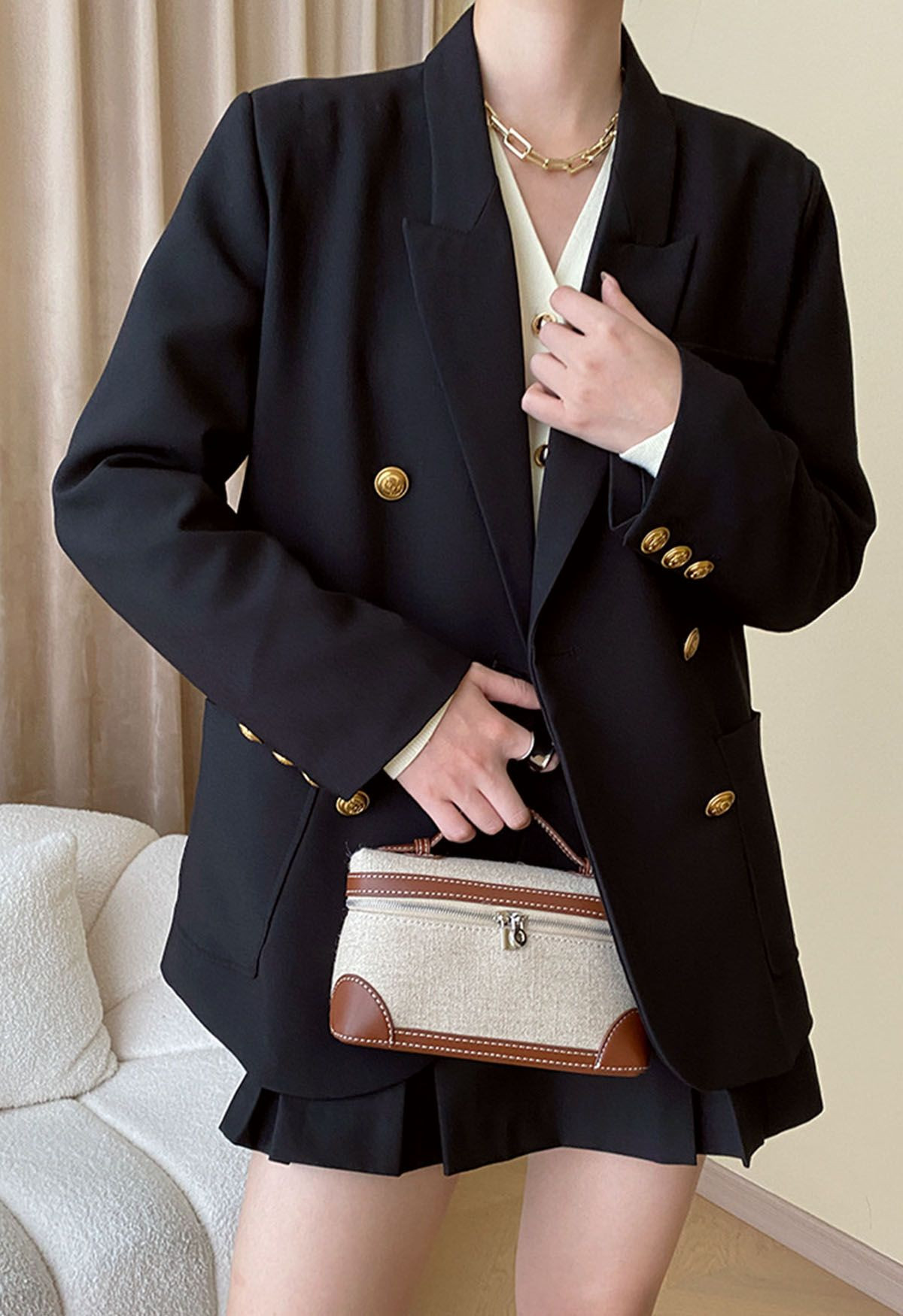 Peak Lapel Golden Double-Breasted Blazer | Chicwish