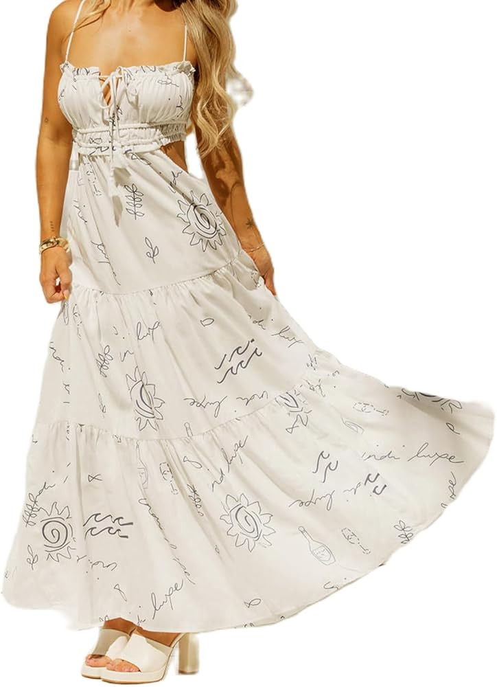 Womens Summer Spaghetti Strap Long Dress Boho Low Cut Dress Backless Bodycon Midi Dress Bohemian ... | Amazon (US)