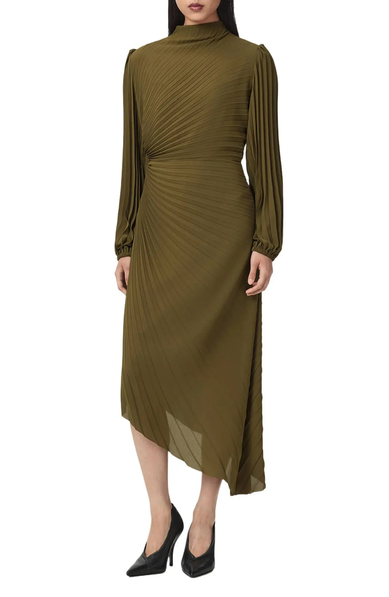 AllSaints Milena Pleated Long Sleeve Asymmetric Dress (Women) | Nordstrom | Nordstrom