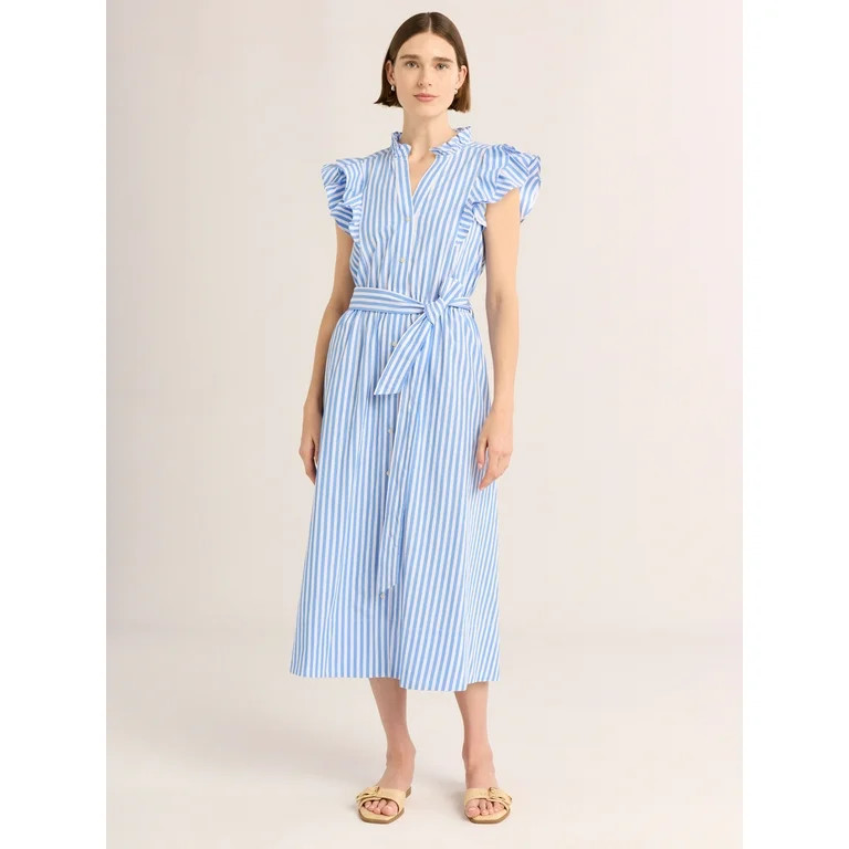 Free Assembly Women's Ruffle Cotton Midi Shirtdress, Sizes XS-XXL - Walmart.com | Walmart (US)