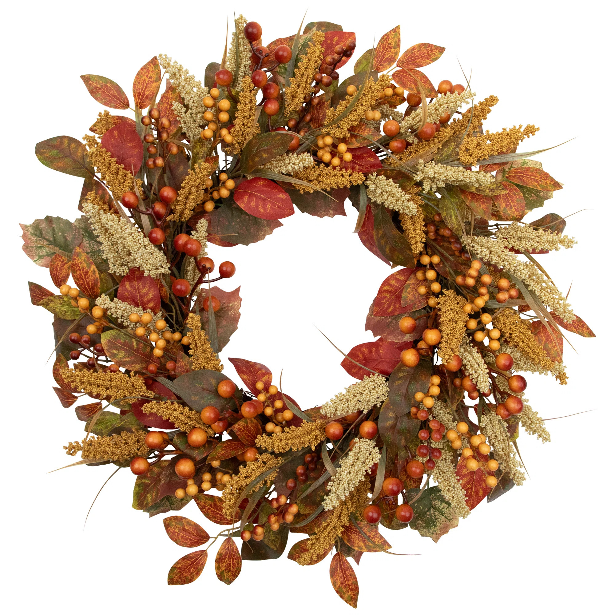 Autumn Leaves Grass Blades And Berries Artificial Fall Harvest Wreath - 24" | Wayfair North America