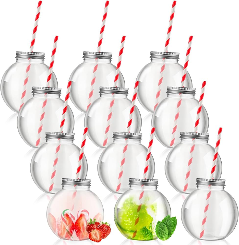 Yaomiao 12 Packs 16 oz Plastic Fish Bowl Ornament Cups with Straw for Drinks Plastic Candy Jar Po... | Amazon (US)