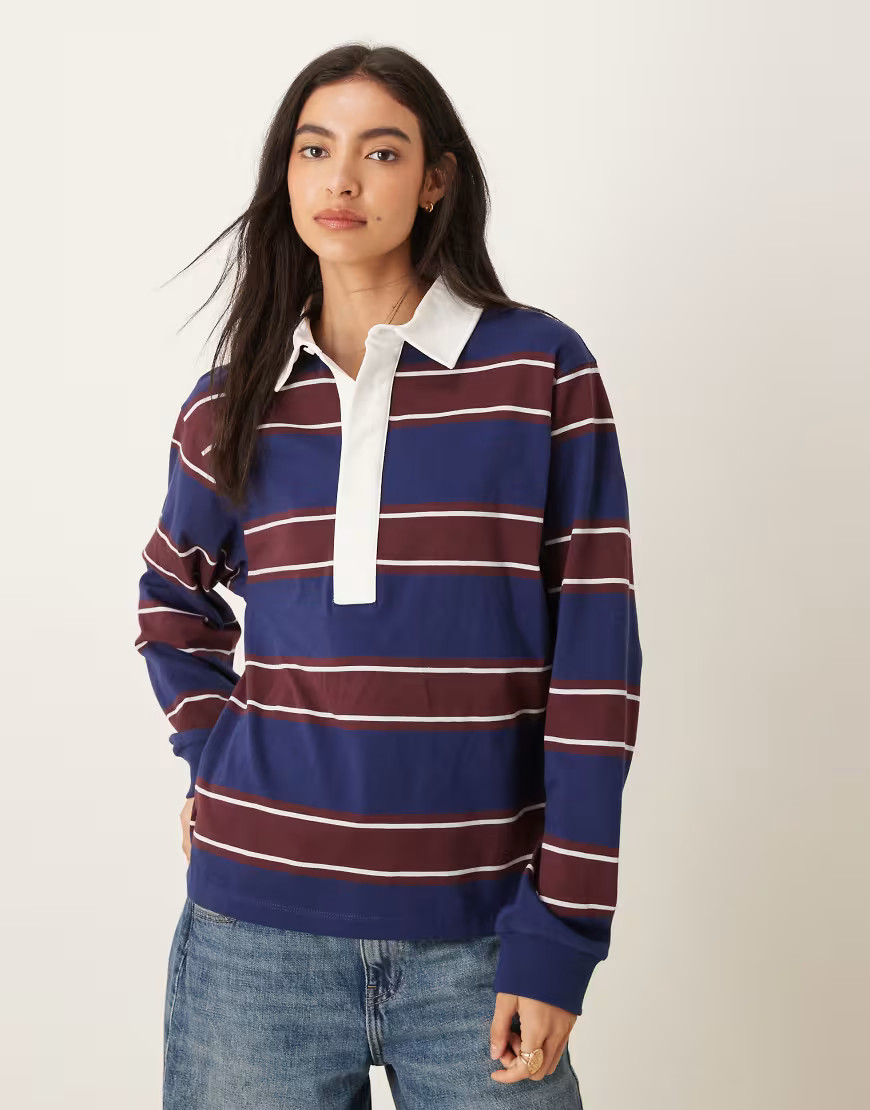 ASOS DESIGN oversized rugby shirt in navy & burgundy stripe-Multi | ASOS (Global)