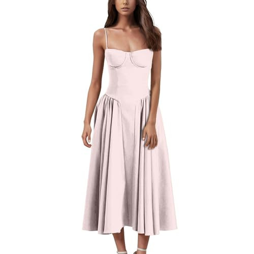 WJDNHKYD Corset Midi Dress for Women Corset Midi Dress Elegant Spaghetti Strap Bustier Midi Dress Flowy Pleated Hem Low Cut Prom Dresses with Pockets Large 01-Pink | Amazon (US)