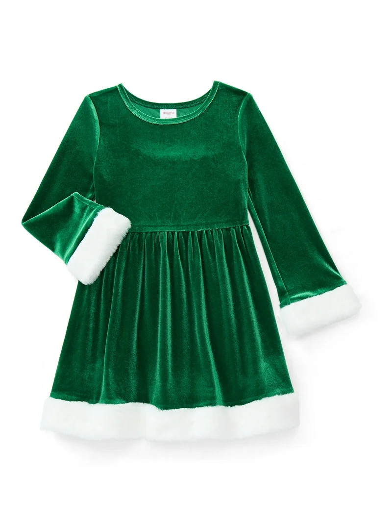 Holiday Time Girls Santa Velour Dress with Long Sleeves, Sizes 4-18 - Walmart.com | Walmart (US)