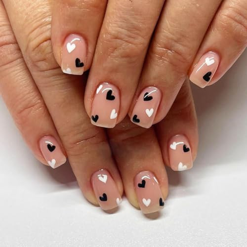 Heart Press on Nails Short Square Fake Nails Pink Nails Press ons with Black White Heart Design Full Cover Stick on Nails for Women Manicure,Reusable | Nail Sticky Tabs | Easy Apply | 24Pcs | Amazon (US)